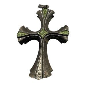 Sarah Coventry Limited Edition 1976 Biker Cross 3.5" Necklace Green Enamel